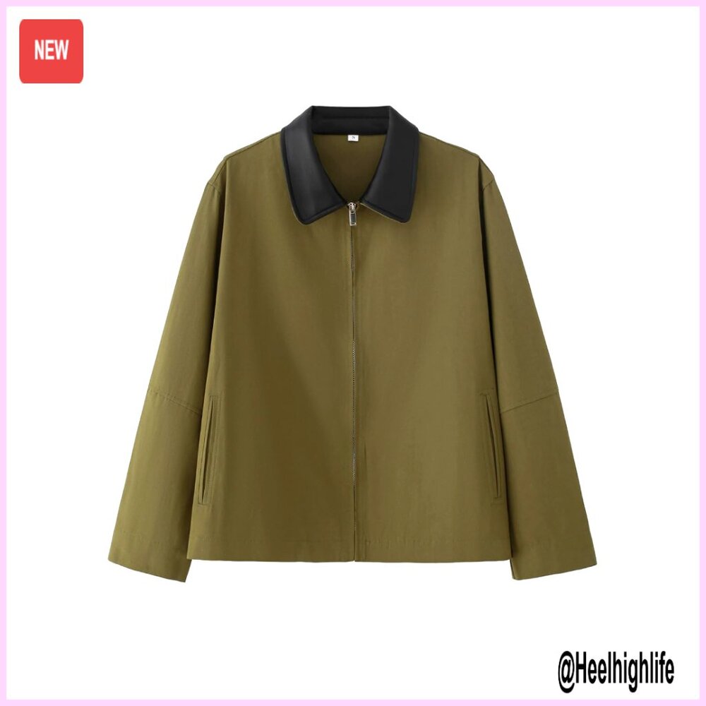 Lightweight Zip Up Jacket With Faux Leather Collar For Spring Fall